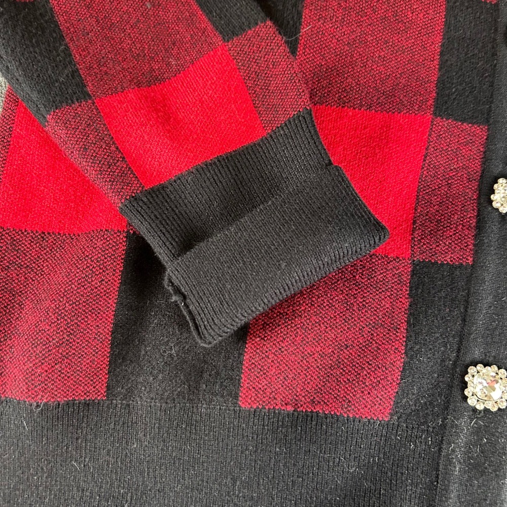 Tommy Bahama Womens Red Black Buffalo Plaid Rhinestone Button Cardigan Sweater M - Picture 3 of 8